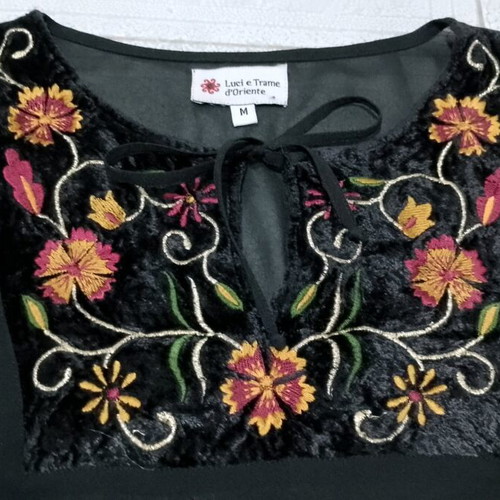Sheer peasant top like new with embroidered velvet neck and cuffs