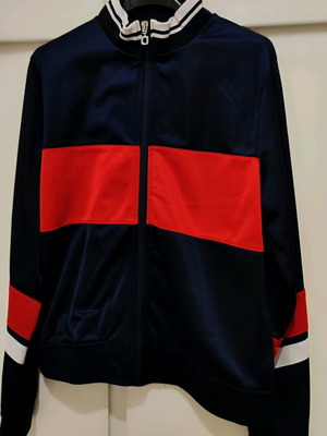 Vintage unisex cardigan like new, blue with red and white details