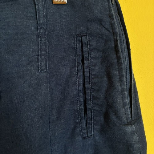 Adagio Vintage Navy Blue Linen A-Line Midi Skirt Lined Pockets L