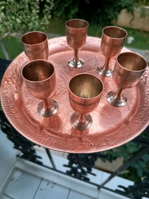 Antique brass serving set with tray and six liqueur glasses like new