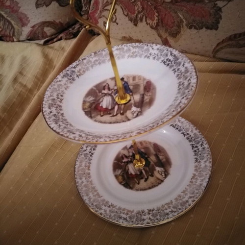 Two-tier English porcelain serving platter with gold floral trim