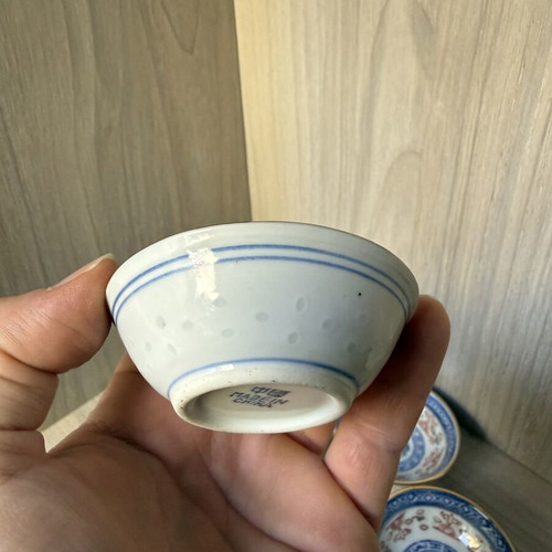Mini porcelain sauce dishes with rice grain technique, set of 7