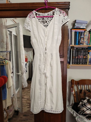 Boho white dress embroidered used, medium-large, see through
