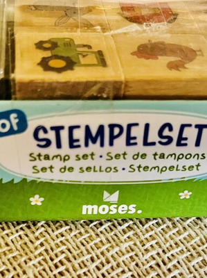 Moses wooden farm stamp set used, 8 pieces with ink pad