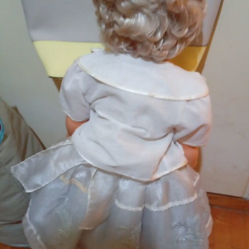 Large vintage doll used with satin dress and red shoes