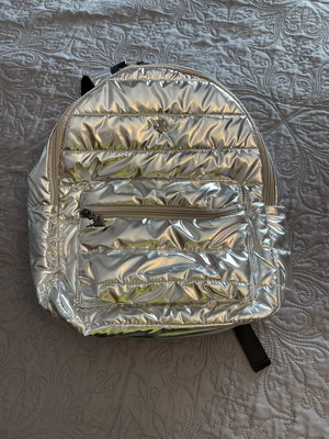 SugarFree Puffy Backpack new, silver, spacious with multiple compartments
