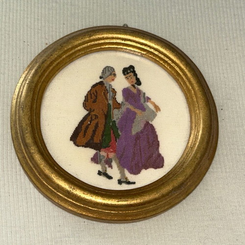 Vintage round embroidery frame with 18th century couple, 13 cm