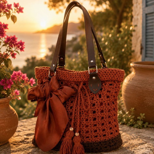 Sunset Boho Tote shoulder bag new, brown, handmade