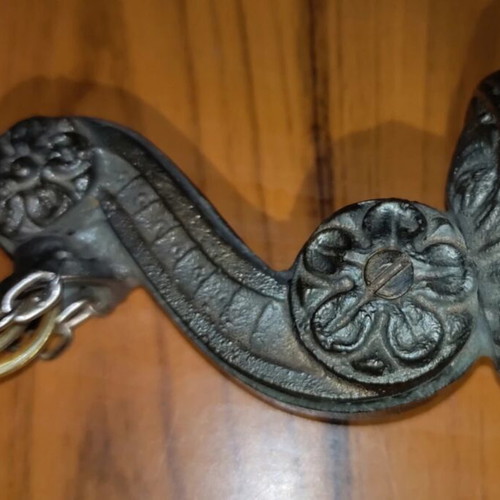 Vintage Hanging Oil Lamp used, brass with carved arm