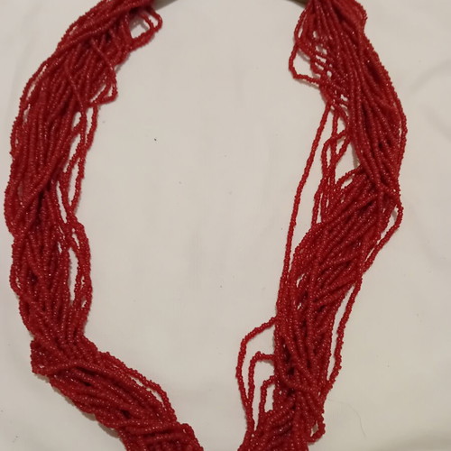 Red multilayer necklace with tiny beads used
