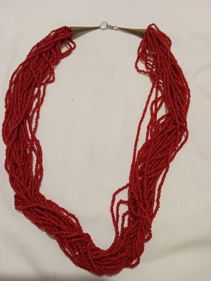 Red multilayer necklace with tiny beads used