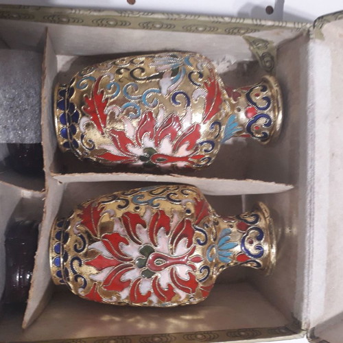 Cloisonné vase set used with carved wooden bases