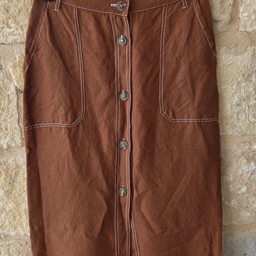 Mango Linen Blend Button Front Midi Skirt like new, rust brown