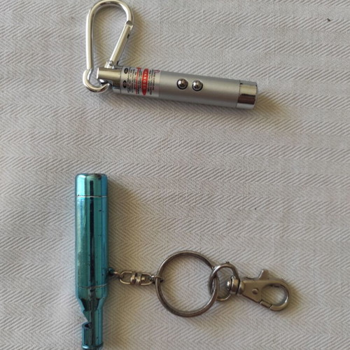 Keychain mini flashlight and laser whistle like new, blue