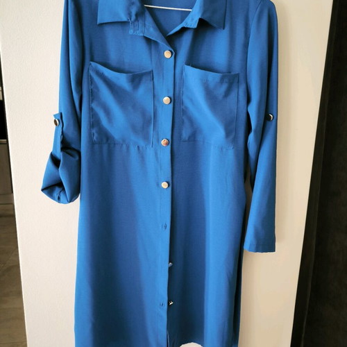 Blue shirt dress new with gold buttons and belt one size
