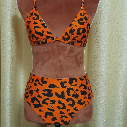High-waisted bikini with animal print, orange, size S