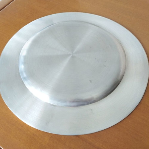 Vintage stainless steel serving tray 30cm with gold trim, mint condition