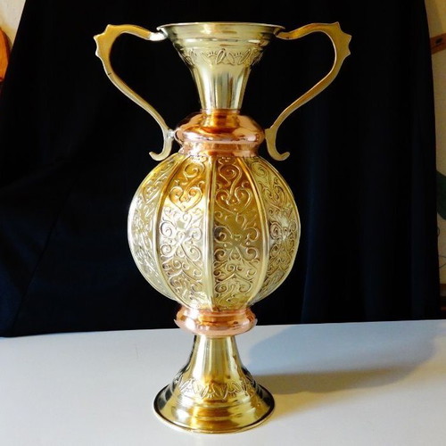 Antique copper amphora like new, handcrafted with relief ornaments