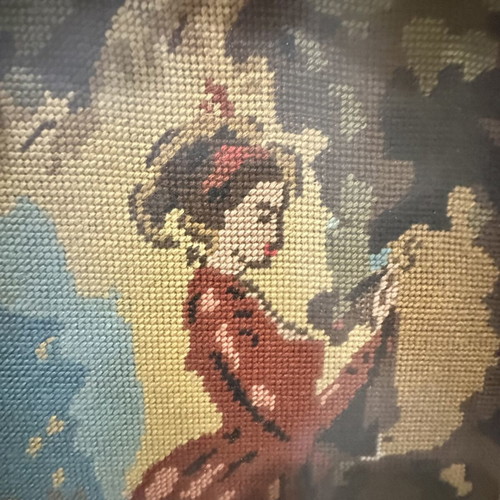 Vintage gobelin textile painting "The Souvenir" with baroque carved frame