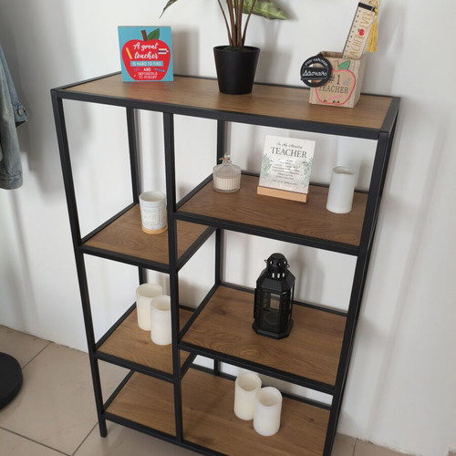 JYSK tall shelf unit, black metal and oak finish