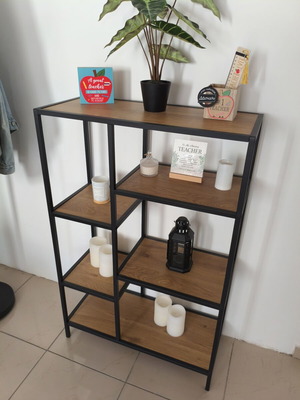 JYSK tall shelf unit, black metal and oak finish