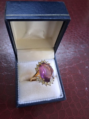 Ring with 18K gold plating, amethyst and zircon, new, size 18