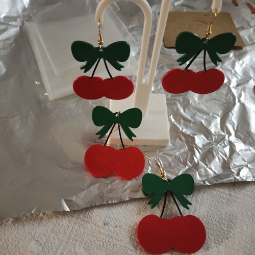 Cherry earrings 3D printed and hand painted made to order