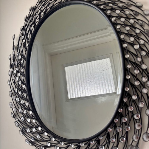Decorative wall mirror and clock with handmade metal design, like new