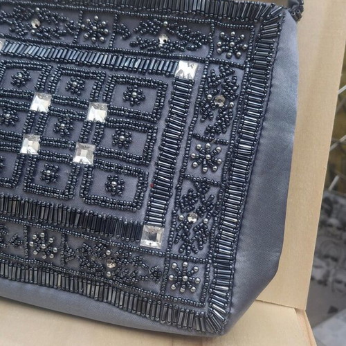 KEM grey satin evening shoulder bag embroidered with beads
