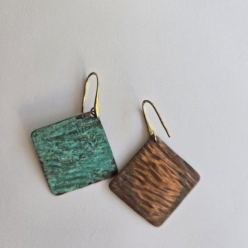 Handmade square turquoise dangle earrings used, boho style