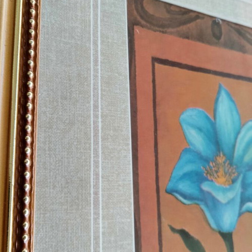 Vintage decorative frame with blue flower in vase, like new