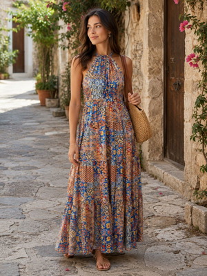 Boho maxi φόρεμα σατινέ υφή σαν καινούργιο, πολύχρωμο
