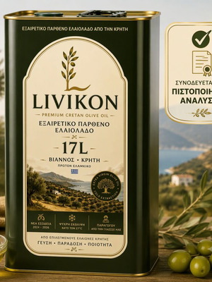Livikon Εξαιρετικό Παρθένο Ελαιόλαδο 17lt από Κρήτη με Πιστοποιητικό Ανάλυσης