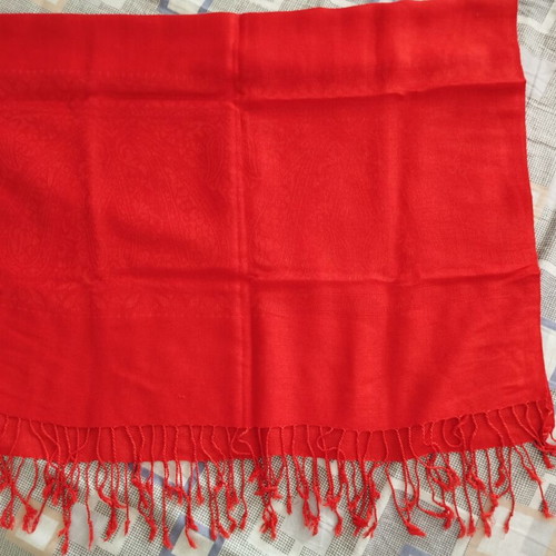 Red women's pashmina scarf with lachouri design and fringes, new