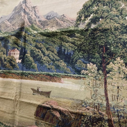 Woven wall hanging like new, mountain and lake scene 70x110 cm