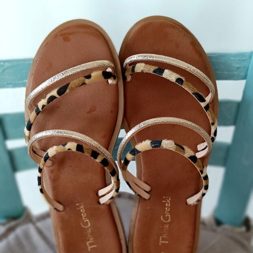 Think Greek women's flat sandals size 40 like new, leopard print and gold details