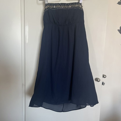 Strapless dress used with silver beads, dark blue, Pink Woman, small