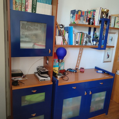 Student bedroom set used with wardrobe, bed, desk, shelves, and storage furniture