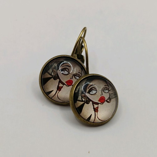 Dangling earrings 14mm girl new, beige and red