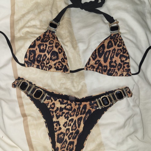 Swimsuit with leopard print and black stones used, size S