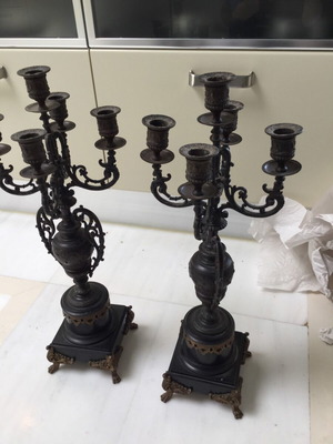 Candlesticks like new, set of 2 with marble base, bronze and antimony