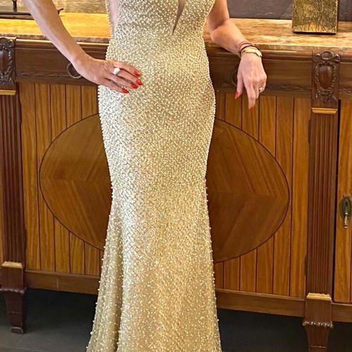 Carma luxury gold pearl embellished evening gown like new