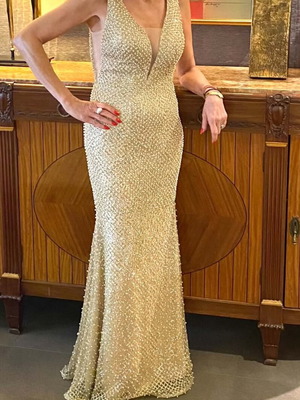 Carma luxury gold pearl embellished evening gown like new