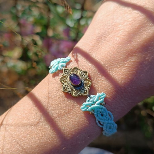 Macrame amethyst bracelet with adjustable brass charm