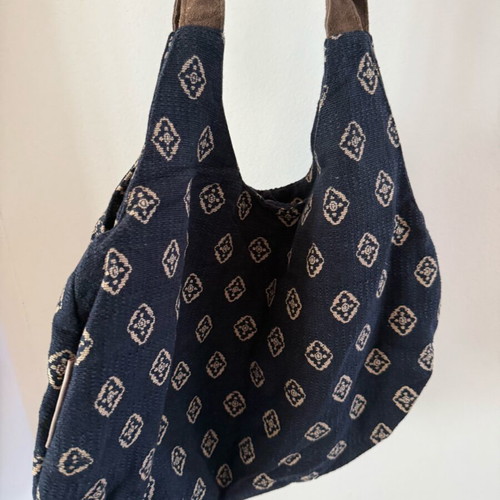 Nice Things shoulder bag used, cotton and leather, navy with pattern