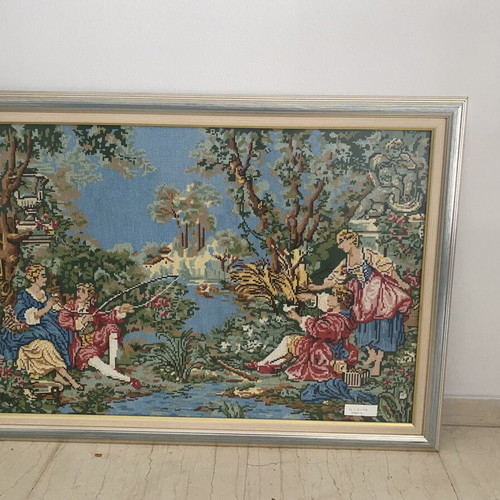 Gobelin tapestry painting 90x65cm, handmade, romantic French countryside scene