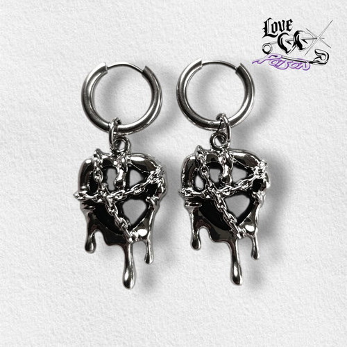 Love X Poison Handmade Stainless Steel Silver Hoop Earrings with Black Ornate Heart