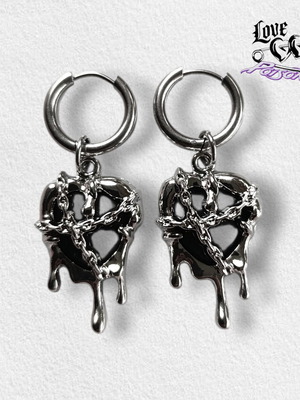 Love X Poison Handmade Stainless Steel Silver Hoop Earrings with Black Ornate Heart