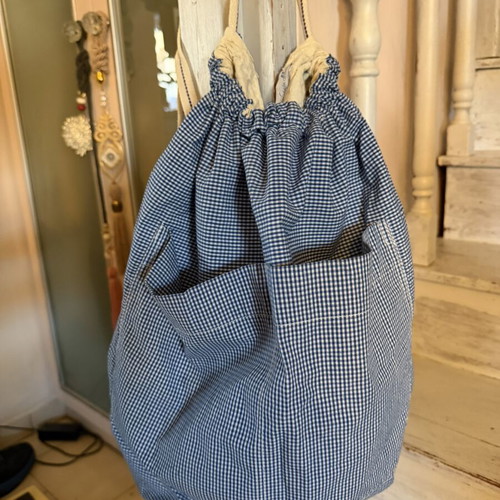 Vintage blue gingham drawstring backpack bag like new