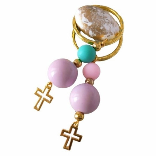 Handmade baptism keychains with large lilac bead and colorful smaller beads new